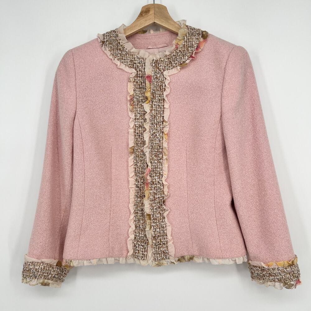 Escada Wool Blend Tweed Blazer Jacket Womens EU 36 US S Pink Silk Ruffle Short